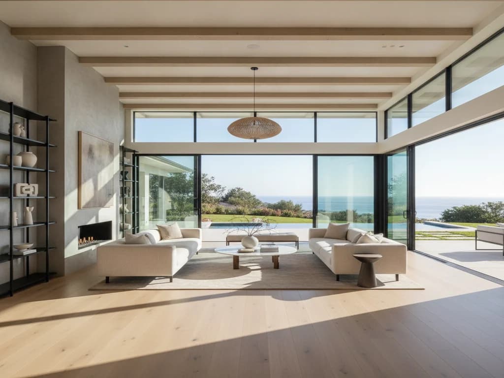 Sunlit modern California home with warm wide-plank wood flooring