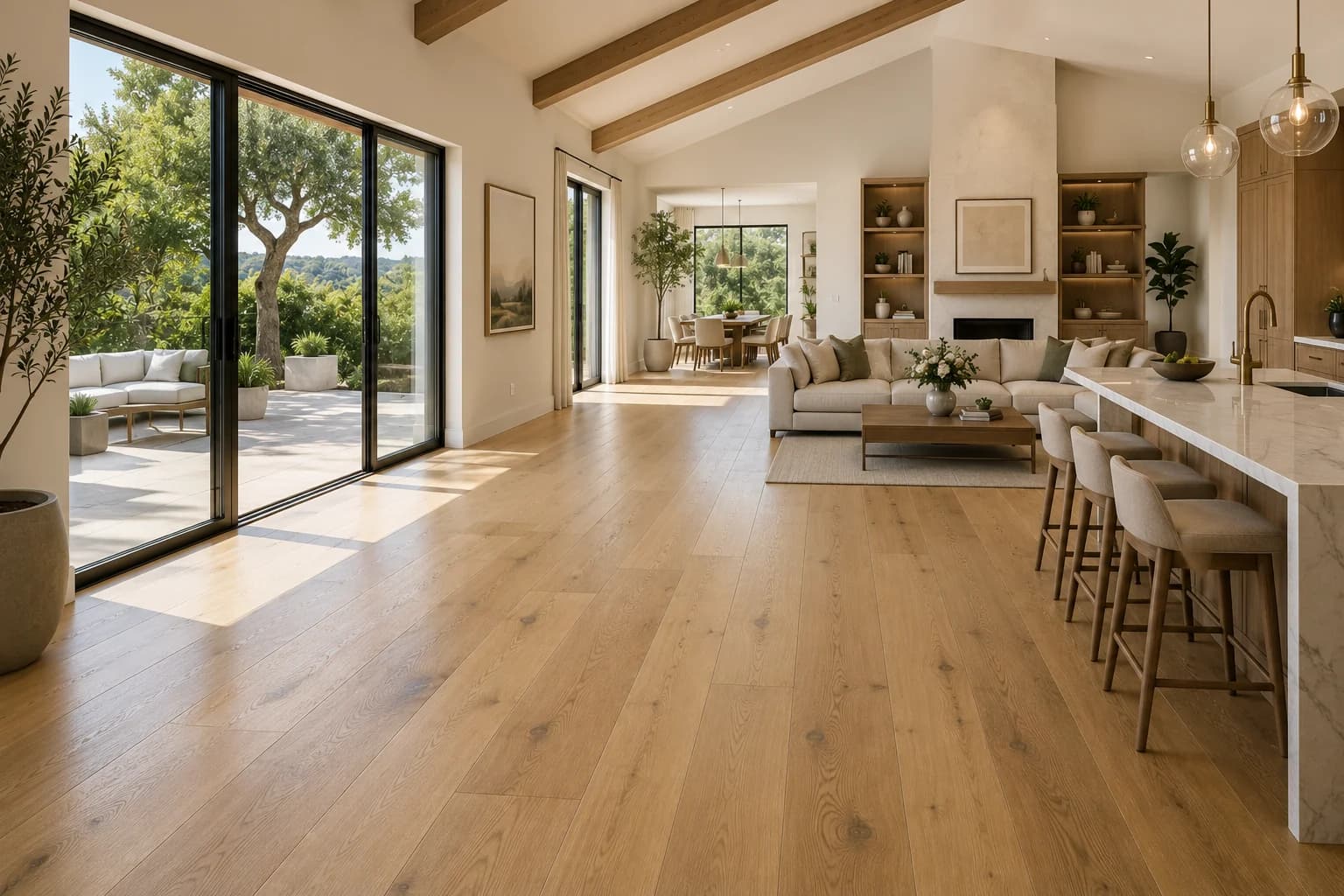 Bright modern California living room with wide-plank white oak flooring
